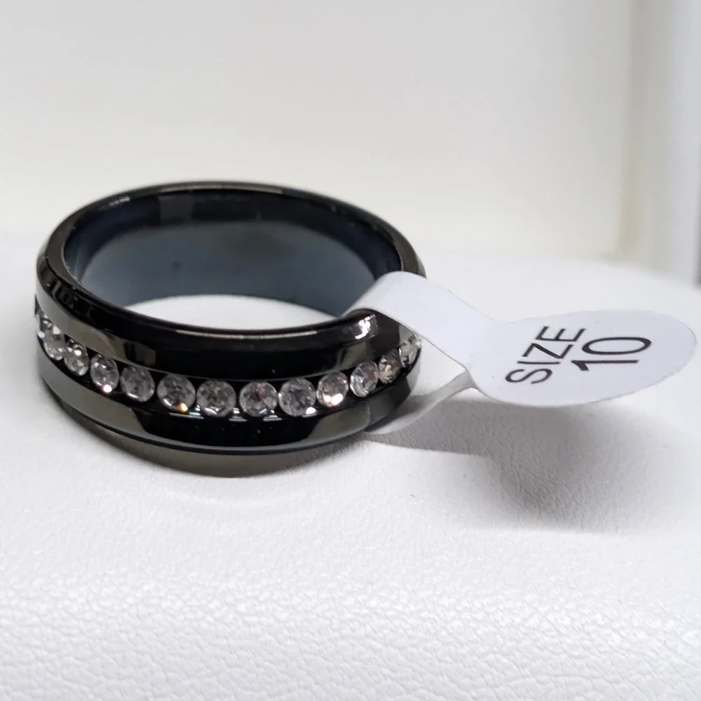 NEW Crystal Eternity Ring PLus Size 10 Black Band Clear Rhinestones Wedding Gift